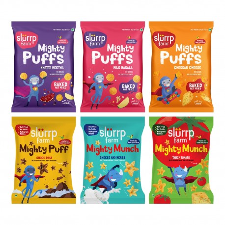 Slurrp Farm Mighty Jowar Puffs  Khatta Meetha, Mild Masala, Cheddar Cheese, Tangy Tomato, Choco Ragi, Cheese & Herbs 6 x 20g