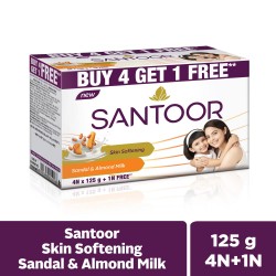 Santoor Skin Softening Sandal & Almond Milk Bathing Soap 125g, Pack of 5