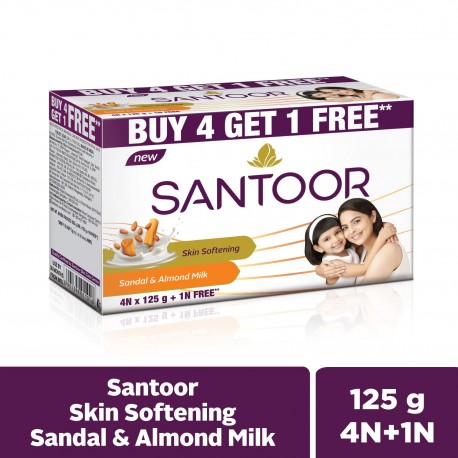 Santoor Skin Softening Sandal & Almond Milk Bathing Soap 125g, Pack of 5