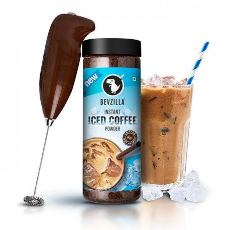 Bevzilla 200 Gram Instant Iced Coffee Powder & Frother Combo Make 100 Cups