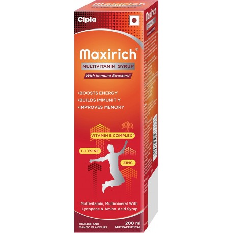 Cipla Maxirich Multivitamin Syrup Boosts Immunity | Powerhouse of Vitamins & Minerals 200 ml (Pack of 1)