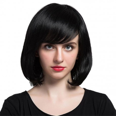full head straight heat resistant short bob hair wigs with flat bangs for women/girls