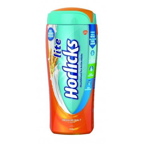 Horlicks Lite, Health & Nutrition drink, Regular Malt, 450gm Pet Jar - No Added Sugar