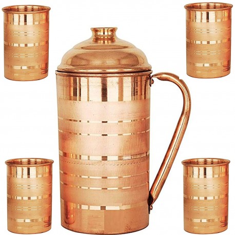 Evergrow Copper Jug And Glass Set of 4 With Original Lid For Water.