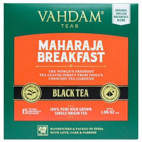 VAHDAM Organic English Breakfast Black Tea Bags - High Energy, Coffee Replacement, 30 g (15 Bags x 2 g each)