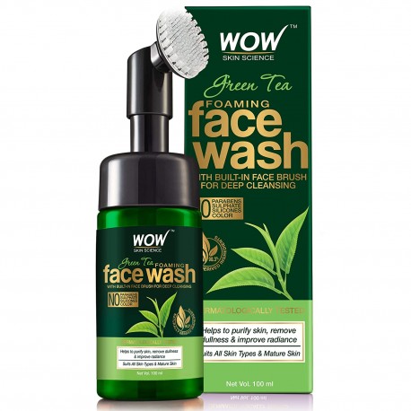 WOW Skin Science Green Tea Foaming Face Wash with Built-In Face Brush - With Green Tea & Aloe Vera 100ml