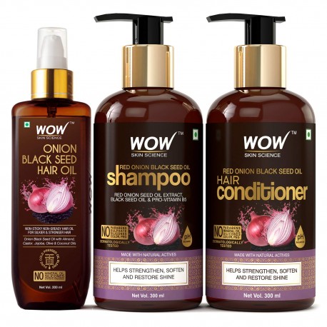WOW Skin Science Onion Black Seed Oil Ultimate Hair Care Kit (Shampoo + Hair Conditioner + Hair Oil), 800 ml
