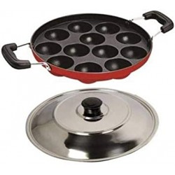 12 Cavities Non Stick Appam Patra with Lid,Red Appam /Pan Cake Maker 23 cm diameter Aluminium, Non-stick