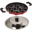 12 Cavities Non Stick Appam Patra with Lid,Red Appam /Pan Cake Maker 23 cm diameter Aluminium, Non-stick
