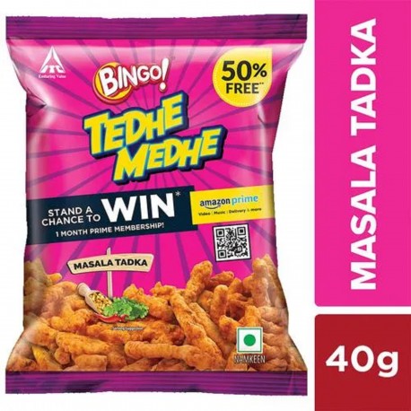 Bingo Tedhe Medhe Masala Tadka, Indian Masala Flavour, Perfect For Snacking (Pack Of 5) - 40 g