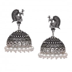 Oxidized Designer Jhumka Earrings (Silver)