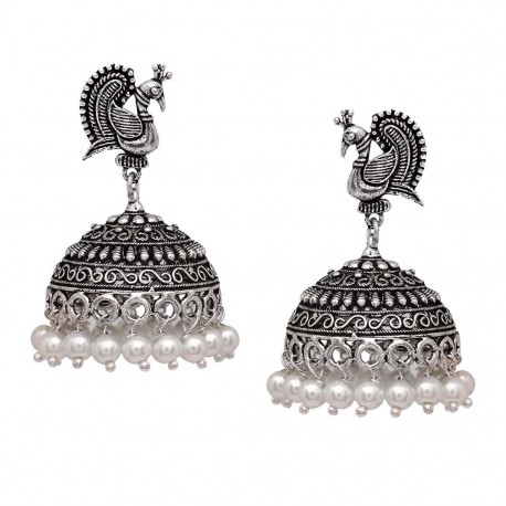 Oxidized Designer Jhumka Earrings (Silver)