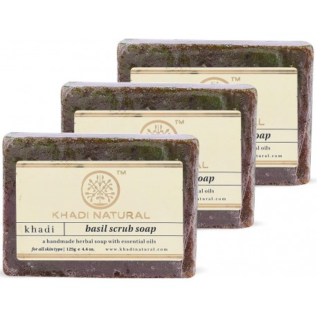 Khadi Natural Basil Scrub Soap, 125g (Pack of 3)